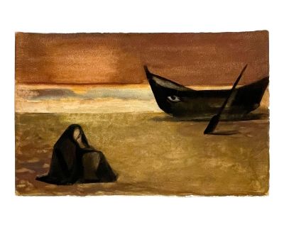 Mid-Century, Surrealist Watercolor Painting of a Figure on Beach by Andre Delfau