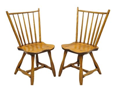 Early 20th Century Pair Antique Hunt Country Furniture Colonial Pine Wood Hickory Style Side Chairs