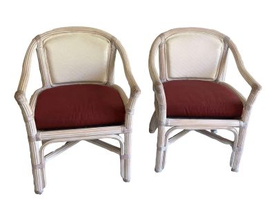 1970s Henry Link Rattan Reeded Cerused Bamboo Chairs- Set of 2