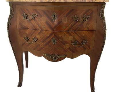 1940s French Louis XV Style Ormolu Marble Top Bombay Chest