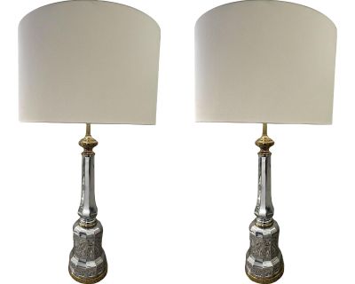 Vintage Pair of Nickel & Brass Art Deco Sky Scrapper Pair Table Lamps White Shade Streamline 1940s