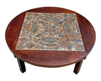 1970s Mid Century Circular Rosewood and Ox Art Tile Coffee Table