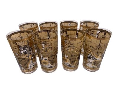 1960s Cera Highball Glasses With Old World Maps Design- Set of 8