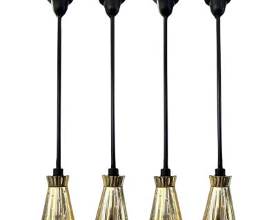 Luci Set of 4 Italian Mid-Century Black & Perforated Brass Cone Pendant Lights