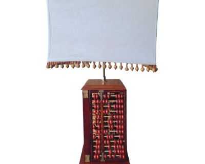 Vintage Chinese Burgundy Wood Abacus Rectangular Shade Table Lamp