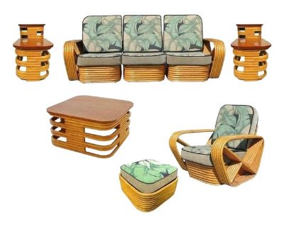 This beautifully restored rattan blends style and vintage charm with modern comfort. Paul Frankl-style rattan living room set includes a matching three-seat sectional sofa, lounge chair, ottoman, coffee table, and pair of end tables. Both the sofa and chair feature the famous six-strand square pretzel side arms and stacked rattan base originally designed by Paul Frankl. all meticulously refinis...