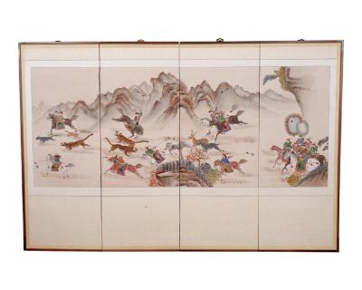 Mid-20th Century Byeongpung (Byobu) in Very Good + condition with light signs of wear and handling South Korean "The Hunting" Byeongpung (Byobu) 4-Panel Folding Screen Beige Background Tabletop or Wall Hanging Enchanting and Beautiful Fine Asian Collector Item fully opened the screen measures approximately 65" wide x 45" tall each panel is approximately 16 1/2" to 17" wide x 45" tall ----------...