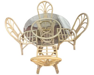 Vintage Blonde Rattan Table and 4 Dining Chairs-Set of 5