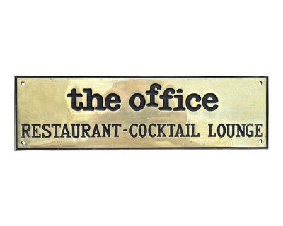 The Office! Wonderful and very well executed Mid-Century retail restaurant sign. 13.75" by 4" by .25". Heavy, solid brass with proper black accents and lettering. Charming font - would be great fun in a variety of places. In keeping with Aesop's fable, Fox and Crow's Motto is "Beware of False Flattery!" So, with each listing we offer a true confession about the item... My husband keeps a tradit...