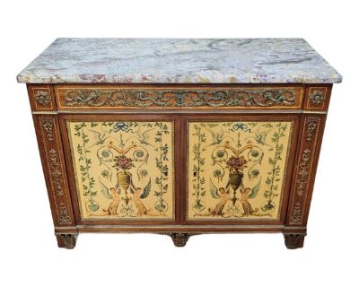 Vintage French Style Hand Painted Marble Top Buffet Server Bar