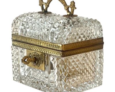 French Baccarat Diamond Cut Crystal Hinged Domed Box with Four Perfumes and Key