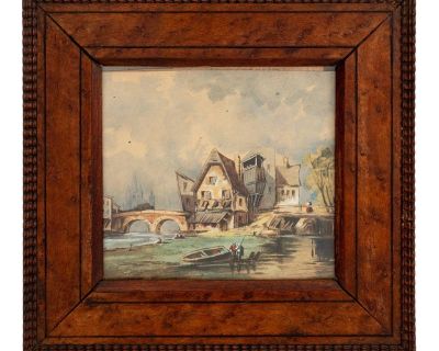 French School Riverside Town Watercolor