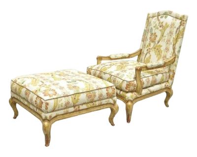 Late 20th Century Nancy Corzine French Country Provincial Louis XV Bergere Lounge Chair & Ottoman