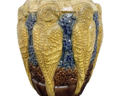 "Golden Parakeets" Large, Rare Art Deco Vase in Gold, Ivory and Deep Blue