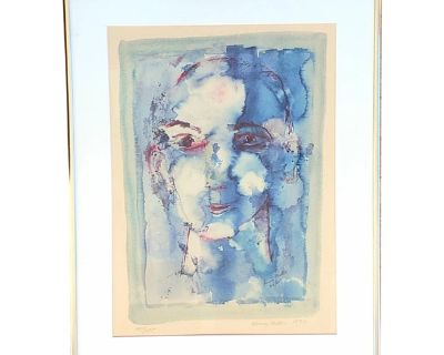 An incredible vintage original framed offset lithograph by renown writer Henry Miller entitled "Blue Face" depicting a person's face in various hues of blue. Henry Miller, though best known for his writing, including "Tropic of Cancer" and "Tropic of Capricorn" was also an accomplished visual artist in his own right. The print is based on a watercolor by Henry Miller which was completed in 1965...