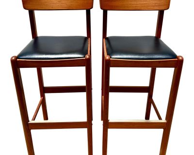 Mid Century Modern Teak Bar Height Barstools With Black Seats by Benny Linden - Pair