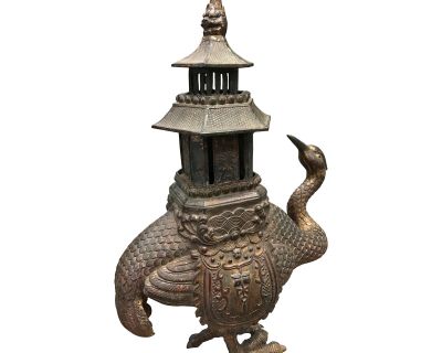 Bronze Asian Crane With Pagoda