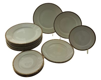 1960’s Vintage/New Old Stock Rosenthal Black & Gold Scroll Rim Dinnerware Set- 17 Pieces