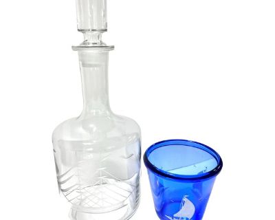 Vintage Nautical Ship Decanter & Garnish Dish Etched Cobalt Glass- 2 Pieces