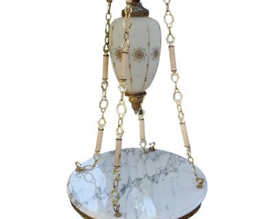1940s Hollywood Regency Hanging Swag Lamp Table With Marble Table and Brass Accents
