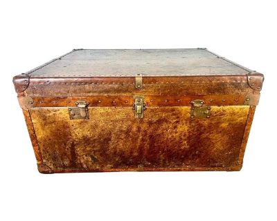 19th C. English Leather Coffee Table/Steamer Trunk