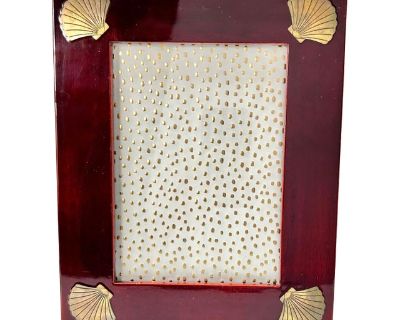 1980s Brass Inlay Seashell Wood Picture Frame - Coastal Clamshell Gold Motif