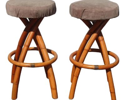 Pair Vintage Mid Century Coastal Bamboo Barstools Bar Stools ~ Tiki Palm Beach