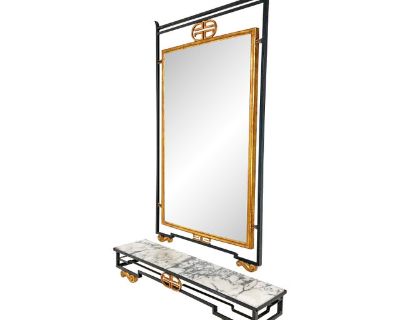 C. 1950s Palladio Italian Gilded Wall Mirror and Marble Top Console