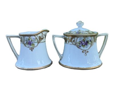 Antique Hand Painted Nippon Sugar and Creamer Set: Violets & Gold Floral