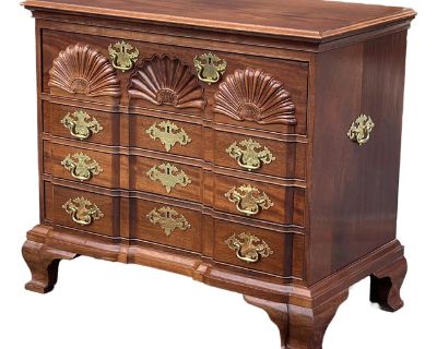 Bespoke Block and Shell Carved Mahogany Chest After Townsend & Goddard
