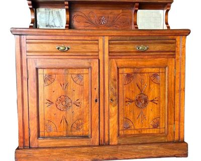 Antique 19th Century Art & Craft Style Yellow Pine and Oak Mirror Back Server Sideboard - Cabinet.