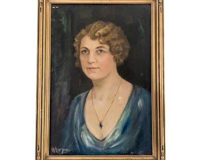 Large 1920s French Woman Portrait Oil Painting