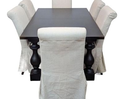 Restoration Hardware 17th C. Monastery Rectangular Dining Table + 6 Hudson Slipcovered Chairs