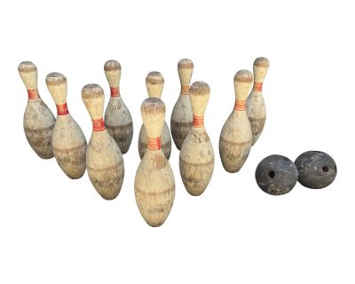 Vintage Wooden Rustic Bowling Set Includes 10 Pins and 2 Balls