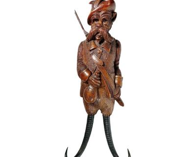 Late 19th Century Black Forest Whip Carved Wood Fox Music Box With Glass Eyes