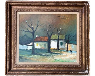Vintage original abstract impressionist landscape oil painting on canvas. In original wood frame. Signed to the top right.. Dimensions 29 W 2 D 26 H Styles Abstract Frame Type Framed Art Subjects Landscape Period 1960s Country of Origin France Item Type Vintage, Antique or Pre-owned Shop Sustainably with Chairish Materials Oil Paint Condition Good Condition, Original Condition Unaltered, Some I...