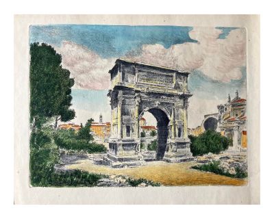 Mid 20th Century "Arch of Titus, Rome" Original Hand Colored Etching by Bela Sziklay