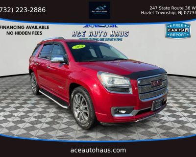 Mileage: 95,908. Year: 2014. Make: GMC. Model: Acadia. Trim: Denali Sport Utility 4D. Automatic, 6-Spd transmission. Exterior: Red. Interior: Tan. Interior: Head-Up Display, Traction Control, Power Liftgate Release, Side Air Bags, Cruise Control, Power Steering, Keyless Entry, Bluetooth Wireless, Power Windows, Blind-Spot Info System, Backup Camera, SiriusXM Satellite, HID Headlamps, Dual Moon ...