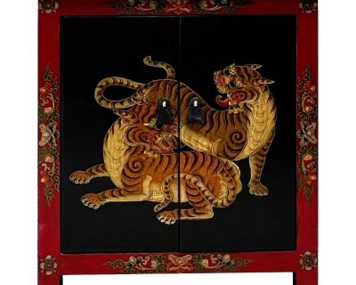 Tibetan Oriental Black Red Double Tigers End Table Nightstand