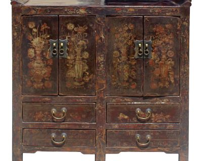 Chinese Distressed Dark Brown Vintage Graphic Tall Credenza Cabinet