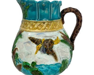 Antique Majolica Jug/Pitcher Decorated With Hand-Painted Soaring Crane Birds, Lake Scene & Lily Pads From England - Circa 19th Century