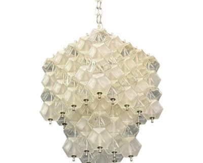 Venini Poliedri, Faceted Glass, Metal, Geometric Chandelier, Italy, 1950s