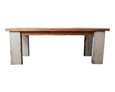Mid 20th Century Rustic Farmhouse Dining Table With Natural Wood Slice Inlays and Painted Base