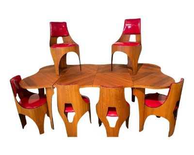 1950s Mid-Century Modern Henry P. Glass Cylindra Dining Room Table & 6 Red Vinyl Chairs - Set of 7