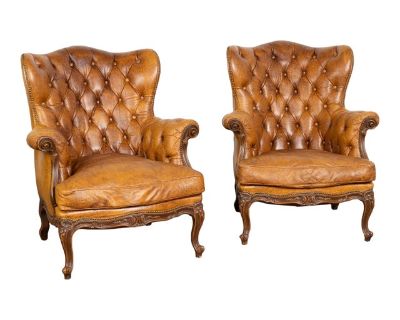 Pair, Vintage Brown Leather Wingback Club Chairs With Cabriole Legs