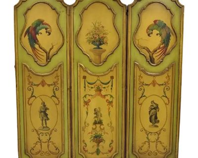 Antique French Louis XV Green Painted Parrot 3 Panel Venetian Room Screen (D)