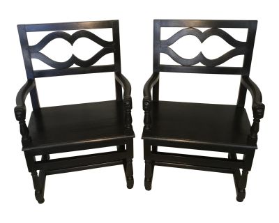 19th Century English Traditional Black Oak Armchairs - a Pair