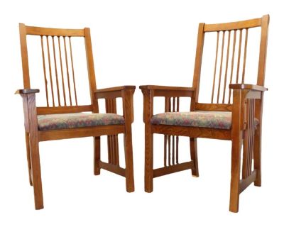 Vintage Bassett Furniture Red Oak Dining Armchairs | Set of 2 | Mission Style