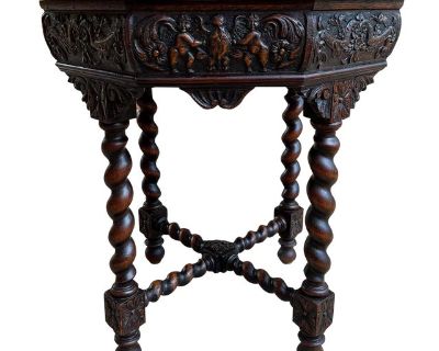 Antique French Octagon Sofa Table Carved Oak Barley Twist Louis XIII Renaissance