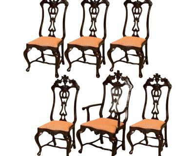 18th Century Portuguese Rococo Dining Chairs in Jacaranda Wood & Fortuny Upholstery - Set of 6